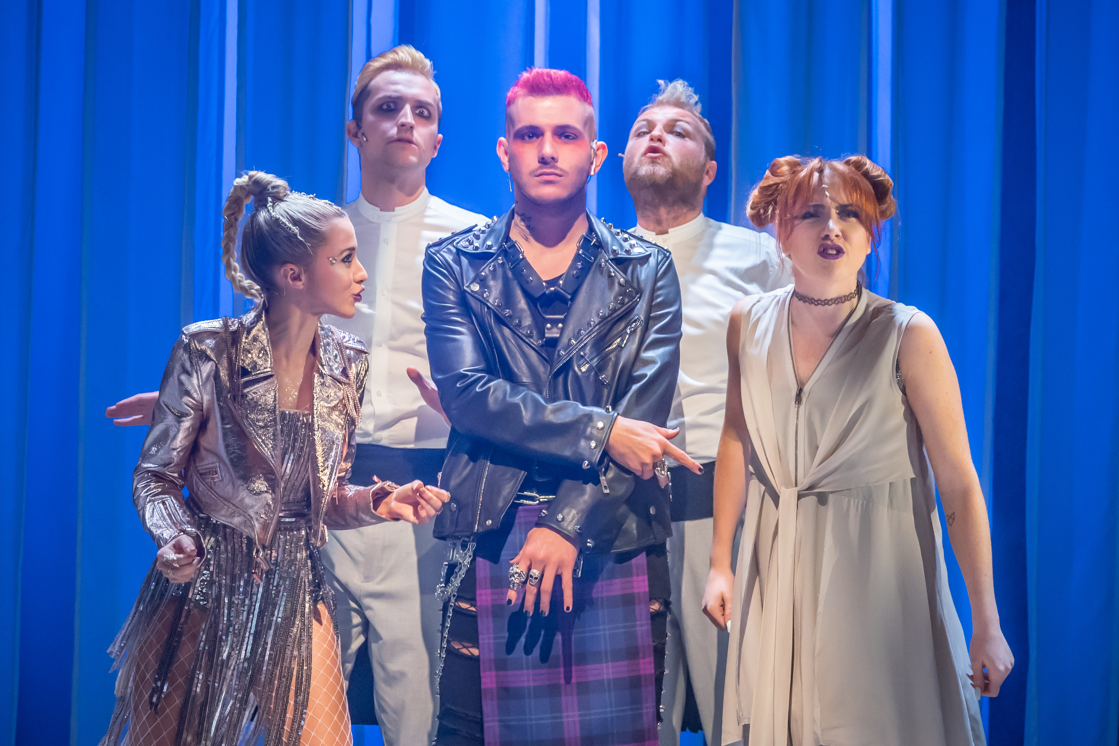 MYTHIC Genevieve McCarthy (Aphrodite) Michael Mather (Hades) and cast Photo Marc Brenner