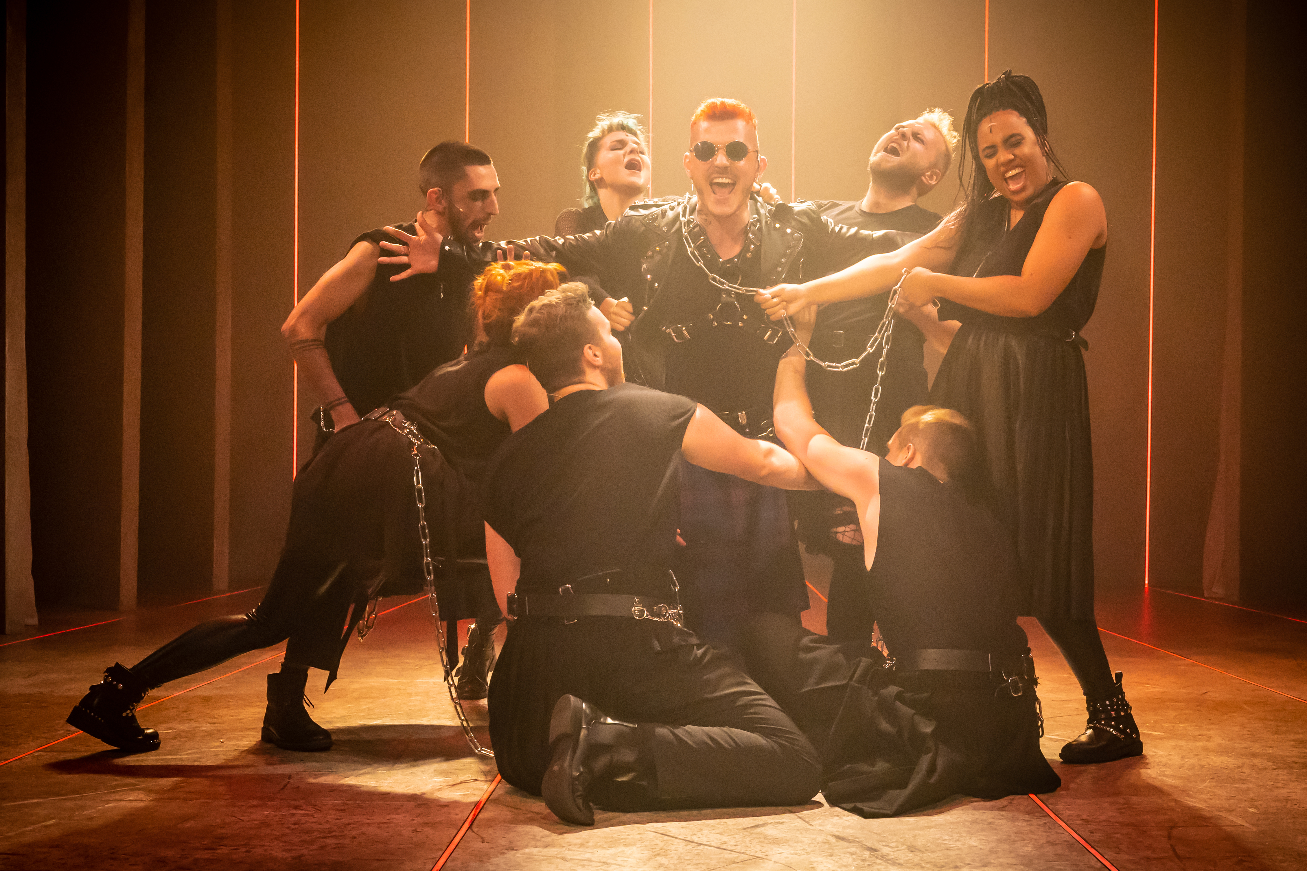 MYTHIC Michael Mather (Hades) and cast Photo Marc Brenner