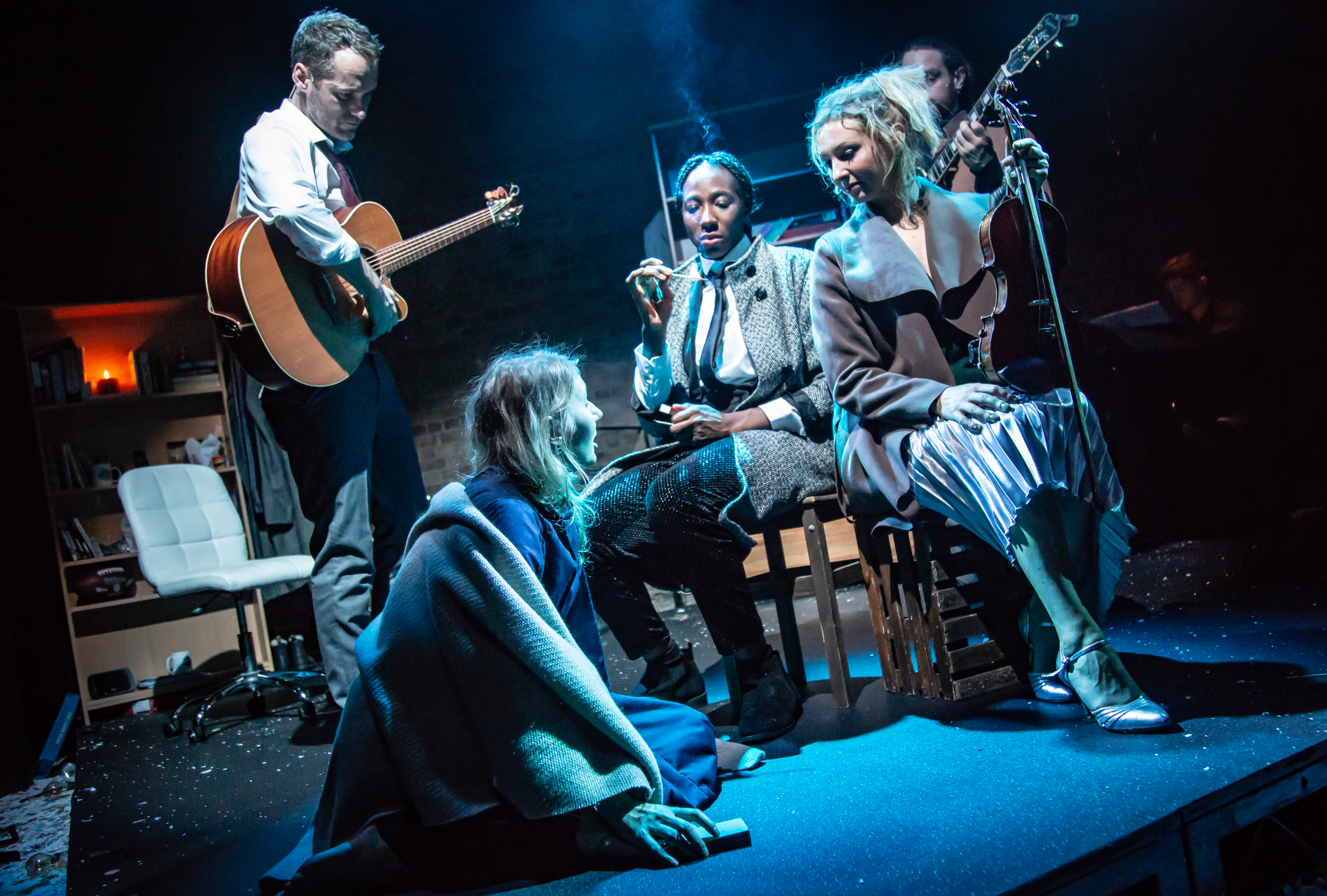 Bronté Barbé (The Little Match Girl), Declan Bennett (Brendan), Danielle Kassaraté (Narrator) and Kate Robson-Stuart (Ensemble) (c) Tom Grace