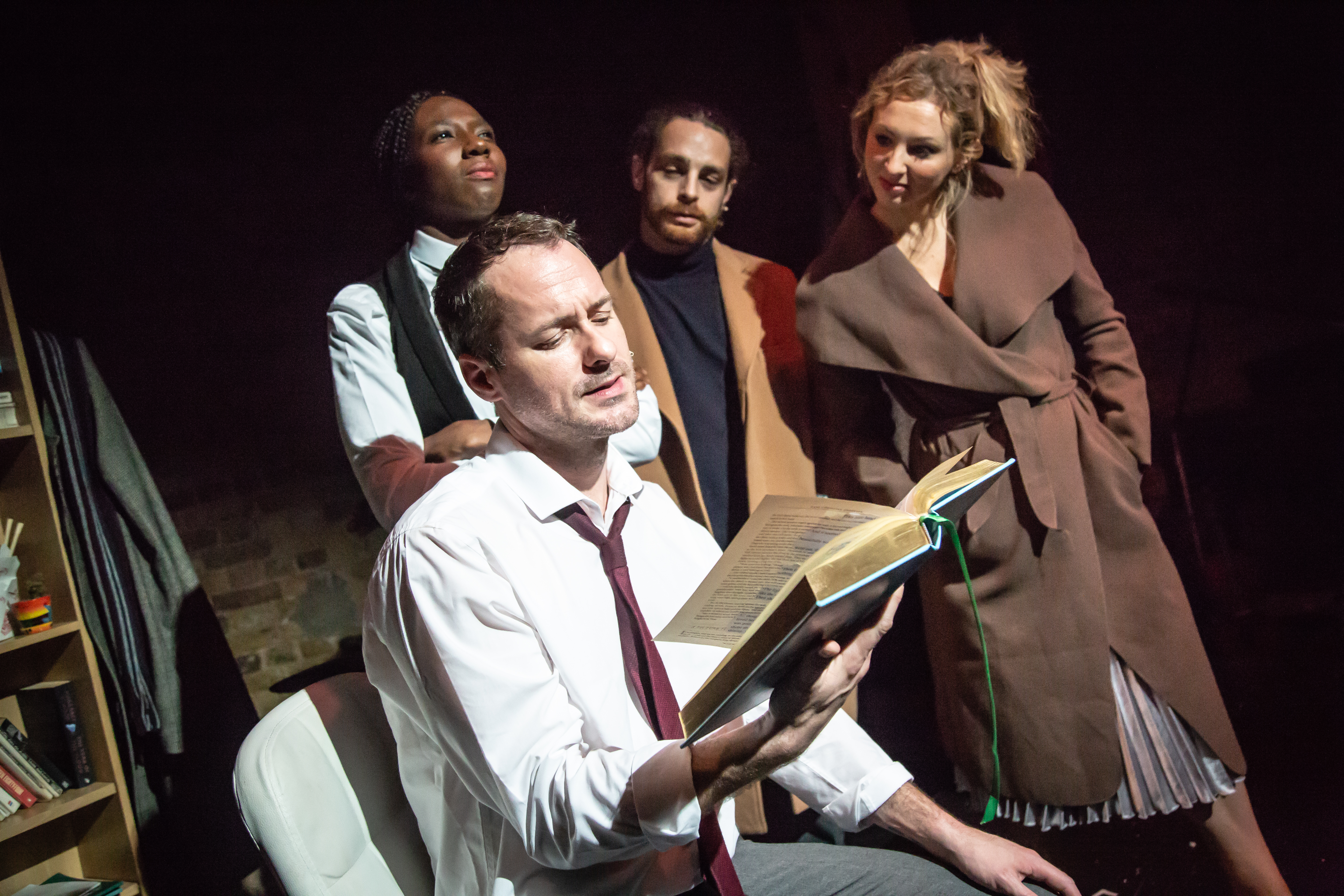 Declan Bennett (Brendan), Danielle Kassaraté (Narrator), Leon Scott (Ensemble) and Kate Robson-Stuart (Ensemble) (c) Tom Grace