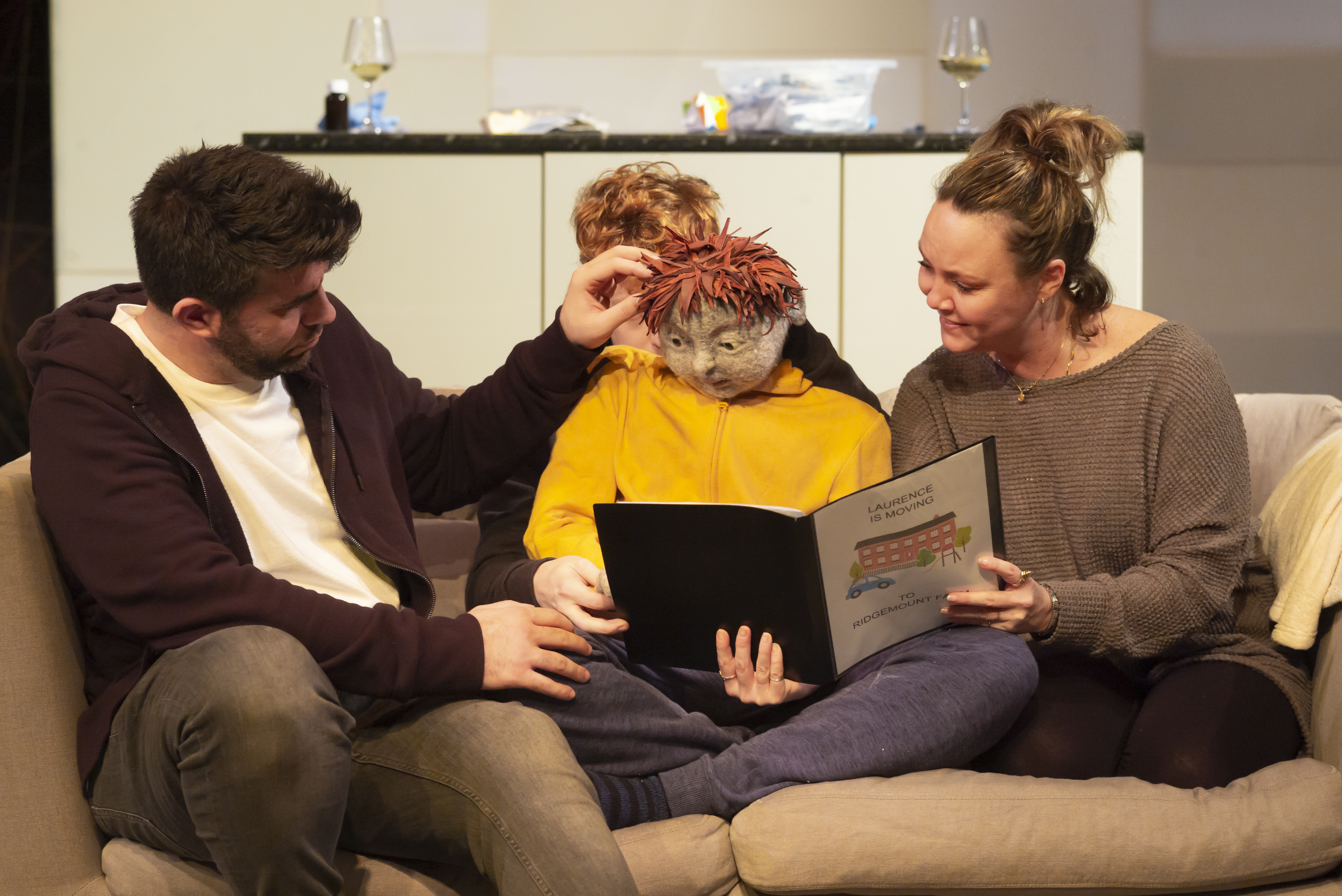 All in a Row. Simon Lipkin (Martin), Hugh Purves (Laurence) &amp; Charlie Brooks (Tamora). Credit - Nick Rutter