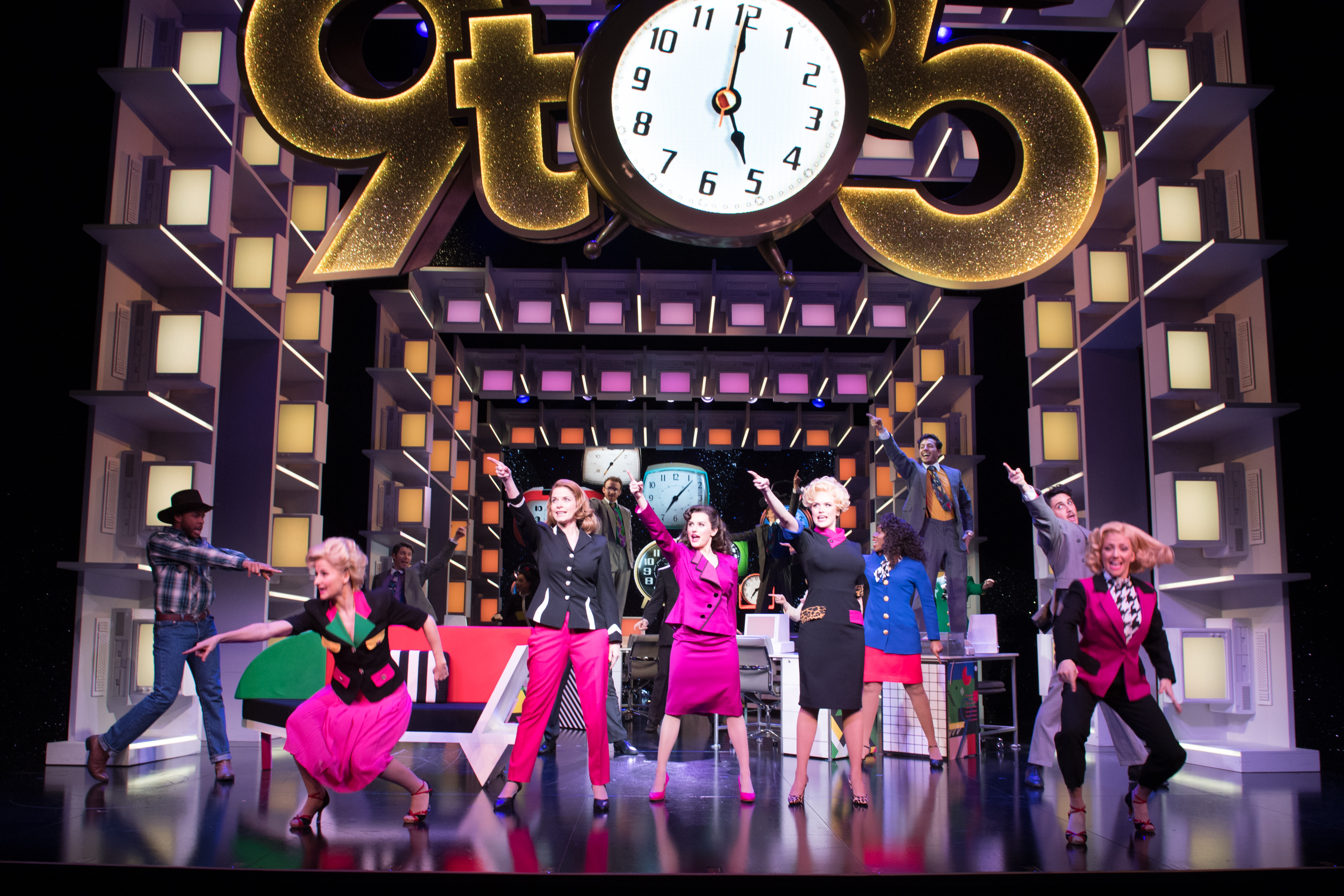 9 TO 5 THE MUSICAL. Caroline Sheen 'Violet Newstead', Amber Davies 'Judy Bernly', Natalie McQueen 'Doralee Rhodes' and company. Photo Craig Sugden (2)